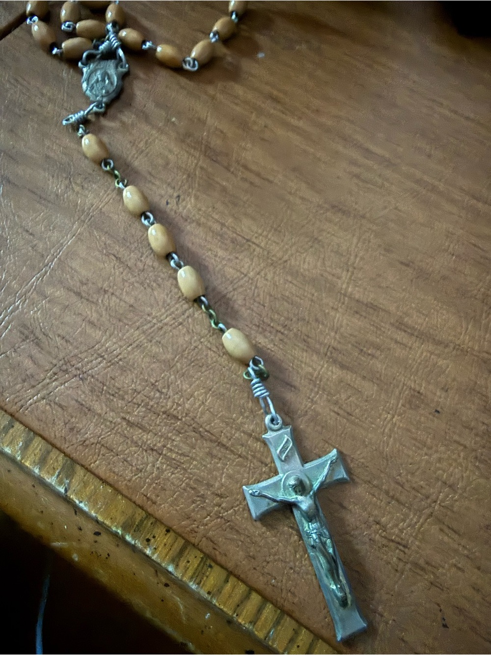 Vintage 1940-1950’s Pewter Crucifix Rosary with Cream Beads. 22 inches